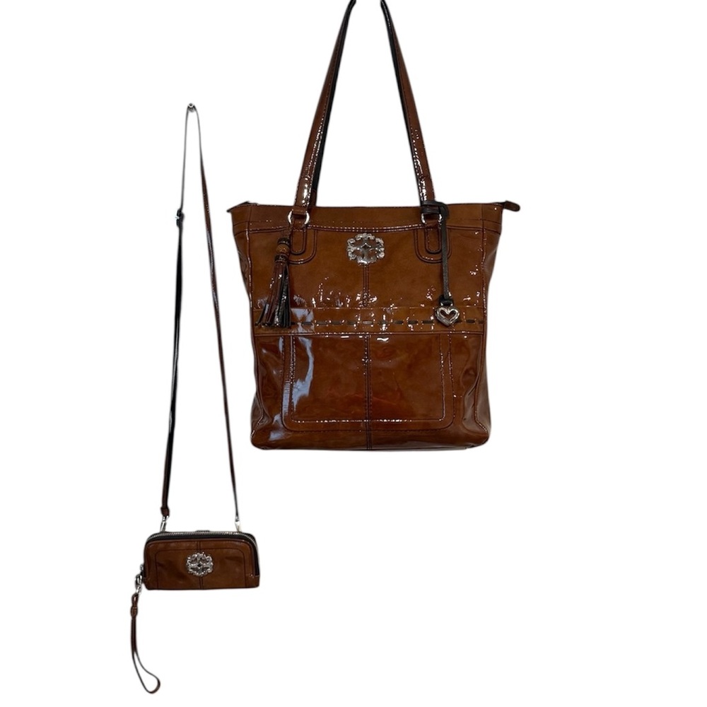 Brighton Patent Leather Shoulder Bag with Matching Convertible Crossbody Wallet
